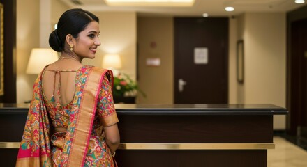 Elegant woman in traditional attire smiling at a reception desk in a luxurious hotel lobby