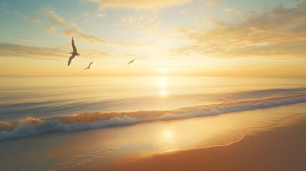 Serene Coastal Sunrise: Tranquil Morning by the Sea with Golden Reflections and Soaring Birds