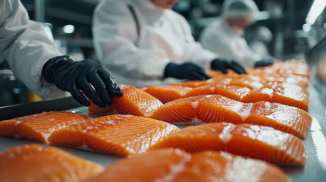 In the early morning light, skilled workers in protective gear sort fresh salmon fillets with precision. The facility buzzes with activity, showcasing the diligence of seafood processing