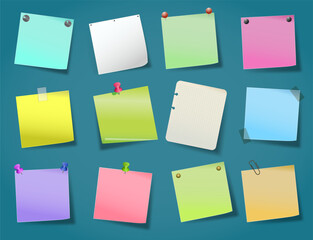 Set of paper blank note with pins on blue background, realistic, with shadows, various pins and colors. 