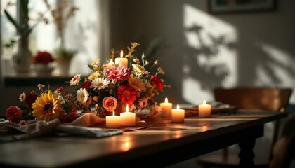 Multiple candles illuminating their lights into the cozy room on a beautiful table with flowers, generated with ai