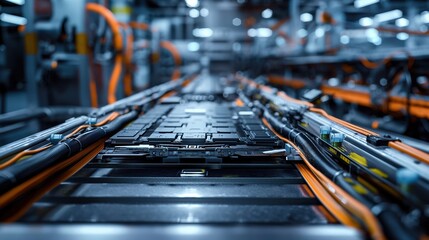 Close-up of an assembly line manufacturing electric vehicle battery cells at scale. Intricate robotic arms and conveyor belts operate in a high-tech industrial setting, 