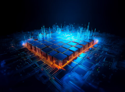 Futuristic grid pattern with glowing orange edges on a dark background. Blue light streaks around the square structure suggest digital connectivity and technological advancement.