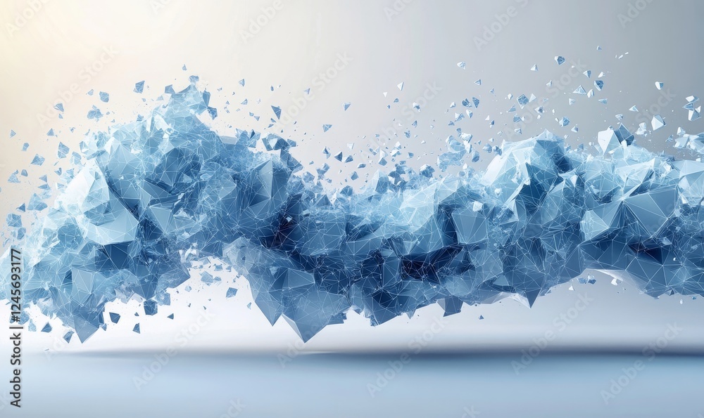 Poster abstract 3d rendering of polygonal shapes forming a fragmented wave., generative ai