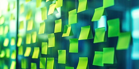 Vibrant green sticky notes arranged on a glass wall with a blurred background, creating a dynamic and organized workspace atmosphere.