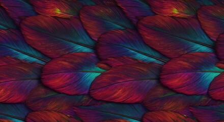 Vibrant and Colorful Pattern of Overlapping Feathers in Rich Shades of Blue, Red, and Green