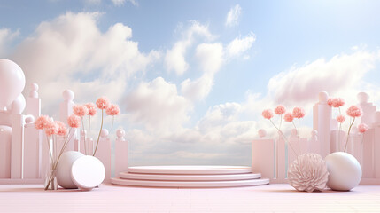 Soft Pink Pastel Cloud Scene with Geometric Podium and Flowers