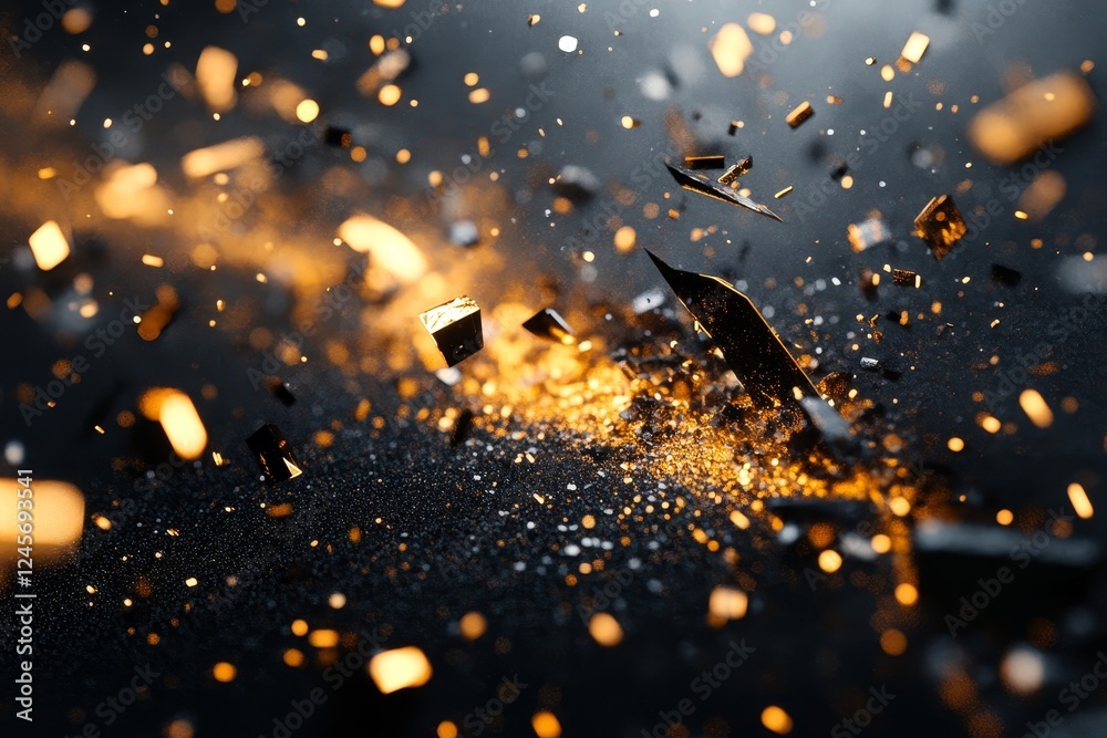 Poster abstract 3d composition of chaotic particles with metallic textures., generative ai