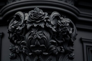 Intricate Black Floral Carving On A Column