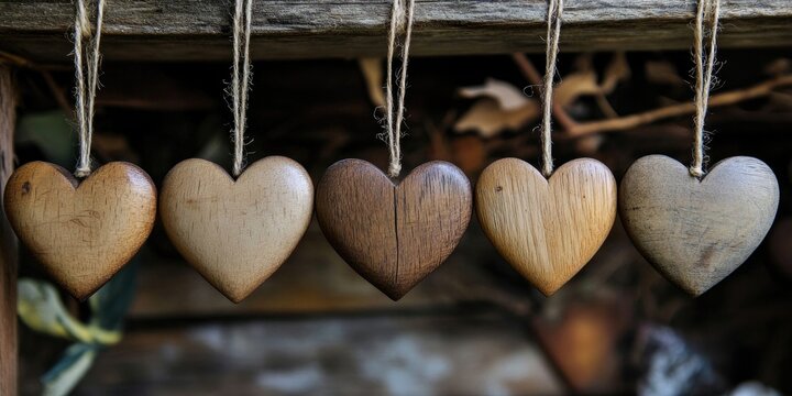 Wooden heart decorations in various shades of brown hanging on twine against a rustic wooden background with greenery accents.