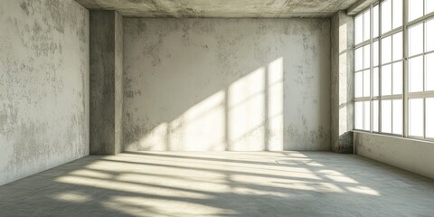Spacious empty room with concrete walls and large windows casting long shadows on the floor, featuring a minimalist industrial design and natural light.