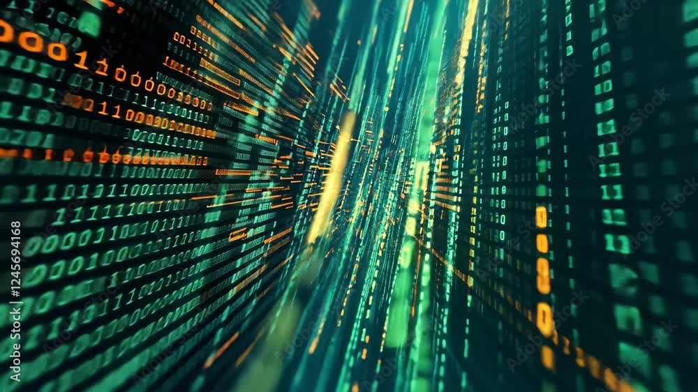 Poster futuristic digital data stream and matrix code in motion