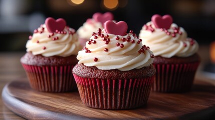 Red Velvet Cupcakes Decorated With Hearts for Valentine's Day Celebration. Generative AI
