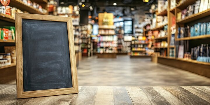 Empty wooden frame chalkboard with blurred grocery store shelves in background showcasing various products, warm earthy tones, central composition.