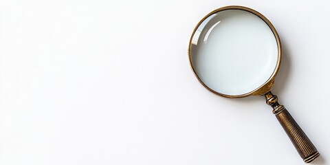 Vintage magnifying glass with a brass handle positioned on the right side of a white background highlighting its elegant design and details