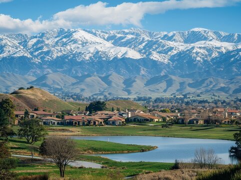 Rancho Cucamonga, California, features sunlit hills and sprawling suburbs, with the snow-covered San Gabriel Mountains visible in the distance, all under a clear blue sky