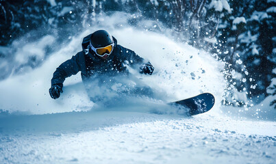 Naklejka premium Snowboarder Carving Through Powder in an Isolated Winter Wonderland for an Adventurous Thrill