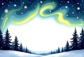 Aurora Borealis Christmas Menu Template: Hand-Drawn Illustration on White, Empty Space for Your Holiday Dishes, Simple and Elegant Winter Wonderland Design.

