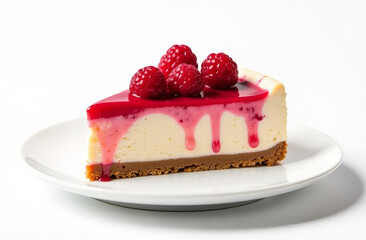 Bright raspberry cheesecake on a white plate on a white background.