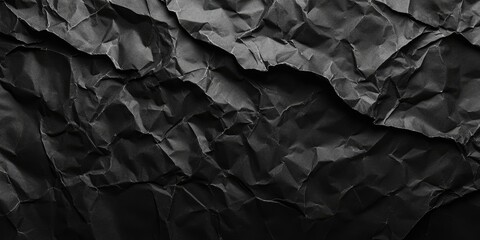 Crumpled damp black paper texture with deep folds and shadows arranged horizontally providing ample copy space for design purposes.