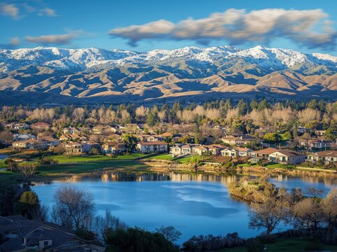 In Rancho Cucamonga, California, the sun-kissed hills and expansive suburbs stretch out beneath a brilliant blue sky, with the snow-capped San Gabriel Mountains in the distance