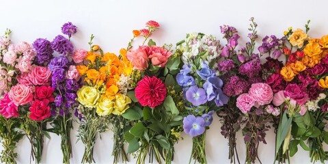 Colorful assorted flower bouquets arranged in a vibrant line against a clean white backdrop showcasing shades of pink, yellow, purple, and orange.