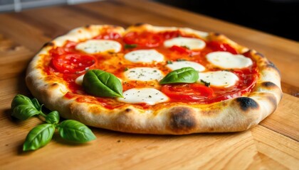 Delicious Margherita Pizza with Fresh Basil on Wooden Board