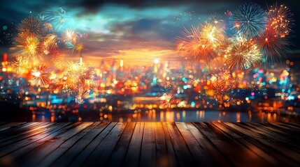 Obraz premium Cityscape fireworks display over water, wooden deck foreground