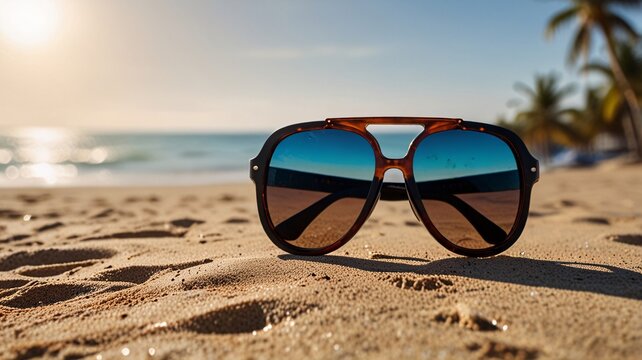 Sunglasses resting on the beach sand capturing the essence of summer getaway