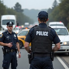 Male police officers managing traffic on busy road