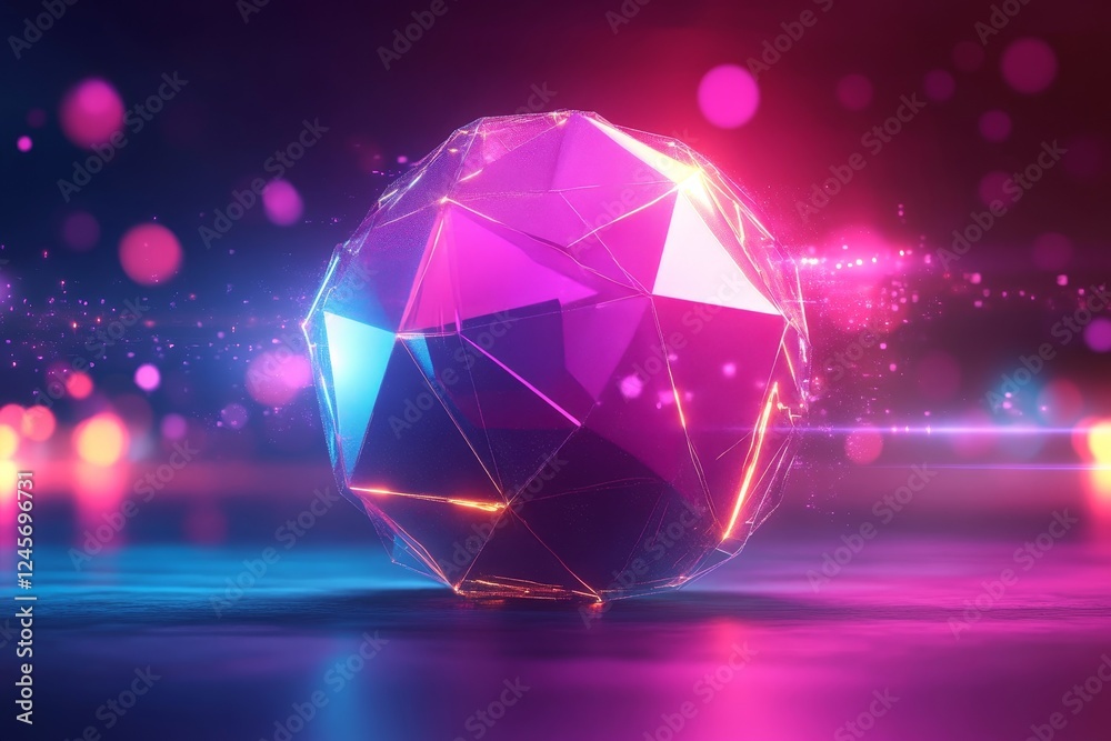 Poster abstract 3d render of polygonal sphere with glowing segments. modern design., generative ai