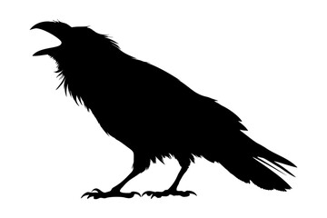 Black Silhouette of a Raven Perched and Crowing Against a Light Background