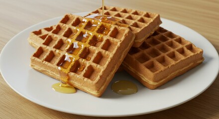 Delicious golden waffles drizzled with syrup on a white plate atop a wooden table