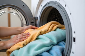 Female hands loading colorful laundry into washing machine