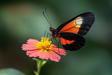 Fototapeta premium Vibrant Butterfly Resting on Colorful Flower Petals in a Lush Garden Setting Capturing Nature's Beauty and Detail