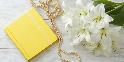 Yellow notebook with white elastic band beside fresh white lilies and wooden beads on a light wooden surface creating a calm and aesthetic arrangement.