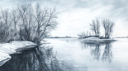 Winter river landscape, snowy banks, bare trees, calm water, serene scene, nature background