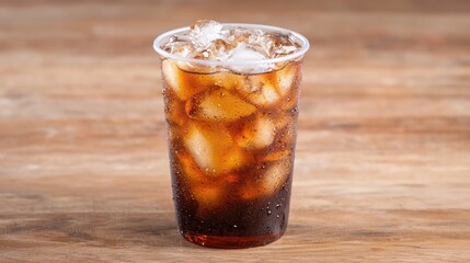 Iced coffee in plastic cup on wood table
