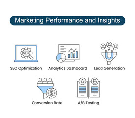Marketing Performance and Insights Vector icons. Includes  SEO Optimization, Analytics Dashboard, Conversion Rate, A/B Testing, Lead Generation