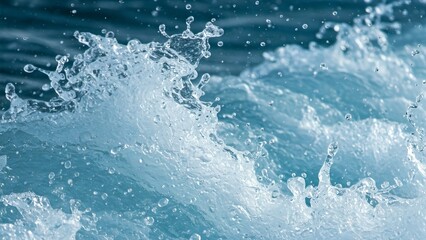 Close-up of turquoise waves splashing, with droplets glistening in the sunlight, creating a dynamic and vibrant ocean scene.