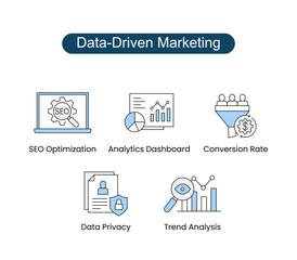 Data-Driven Marketing Vector icons. Includes  Analytics Dashboard, Trend Analysis, Data Privacy, SEO Optimization, Conversion Rate