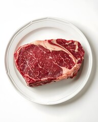 Fototapeta premium Fresh ribeye steak on a white plate, showcasing marbling, ready for cooking or grilling