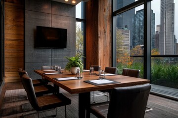 Modern Conference Room with Natural Light and Urban View Featuring Stylish Wooden Table and Chairs