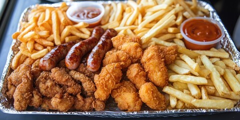 Assorted platter featuring golden brown fried sausages and chicken nuggets alongside crispy French fries served with dipping sauces in clear cups.