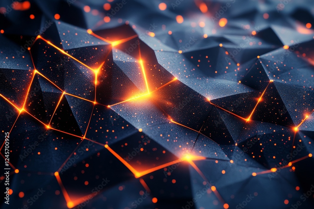 Fototapete Abstract 3D composition of scattered polygons with glowing outlines., Generative AI