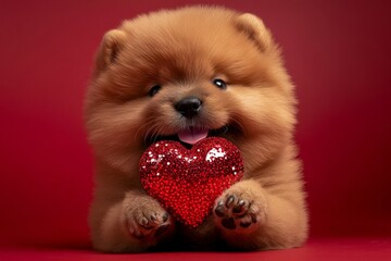 Cute chow pup with sparkling rhinestones red heart - emblem of love, funny greeting card. Marketing creative. Chow - my cherished dog. Valentine's dog love. Love moments with pets.
