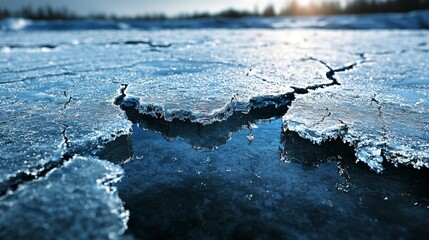 Fototapeta premium Cracks in ice on frozen surface scenic landscape nature photography winter environment close-up view seasonal changes