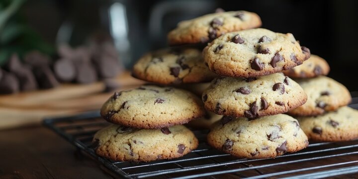 Stack of golden-brown chocolate chip cookies on a wire rack with a blurred background of wooden utensils and darker tones, emphasizing warmth and deliciousness.