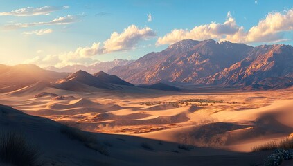 Fototapeta premium Golden Sands and Majestic Mountains at Sunset