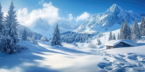 Snow-covered mountain landscape with frosty pine trees under a clear blue sky, featuring a cozy cabin amid rolling hills of snow.